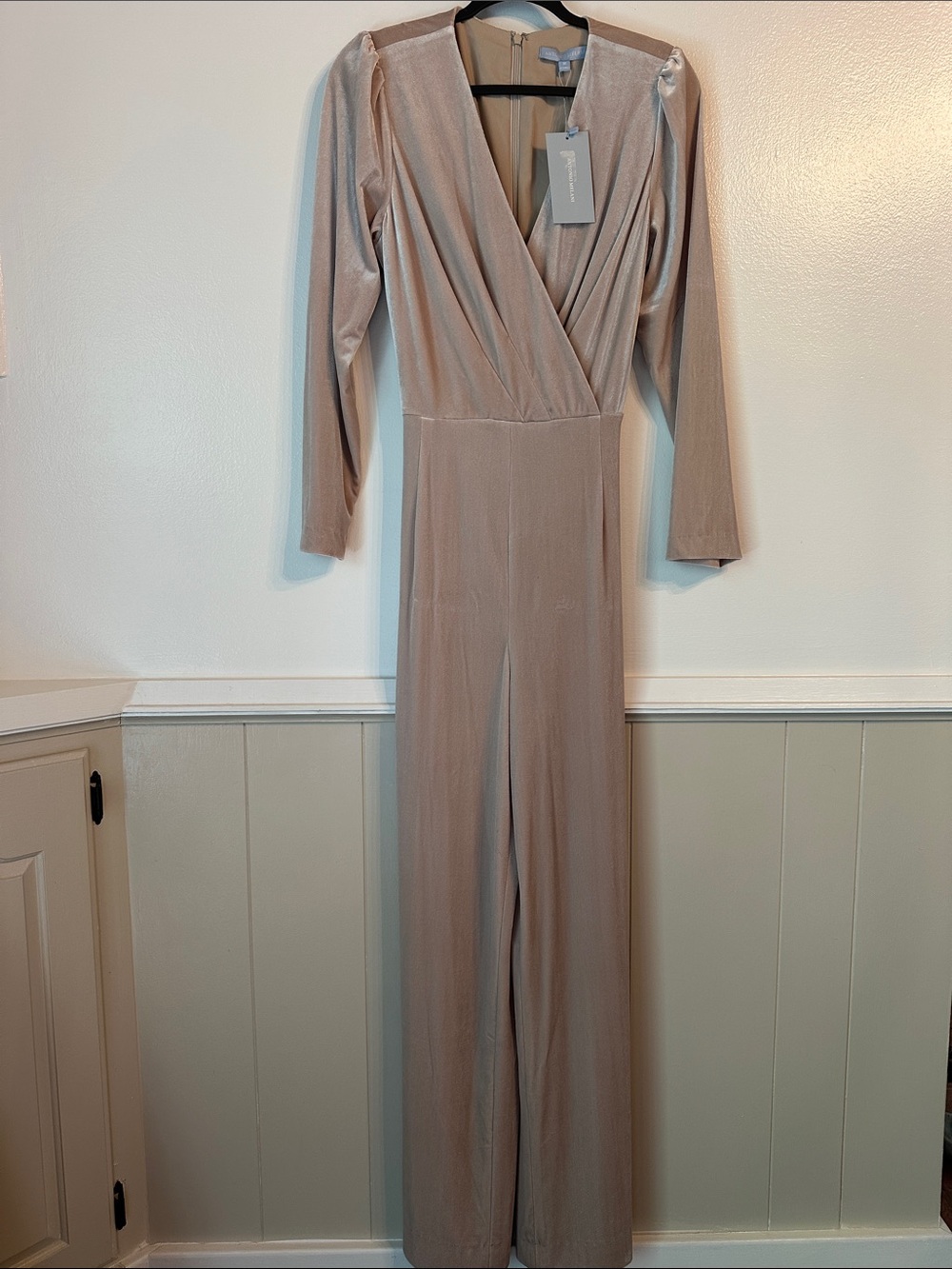 ANTONIO MELANI Champagne Beige Velvet Wrap Jumpsuit